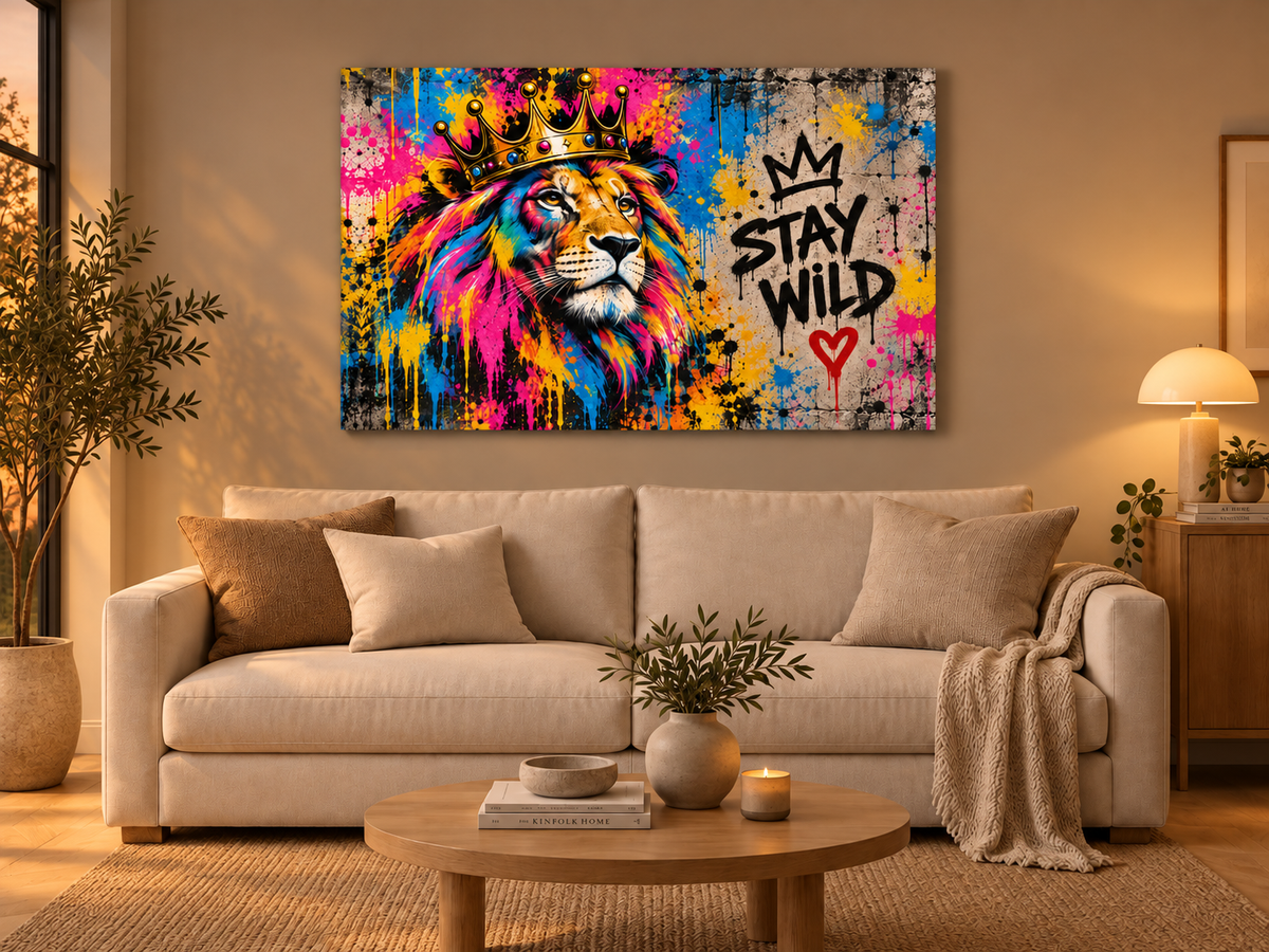 Bunter Löwe Stay Wild Leinwand – Produktansicht 11