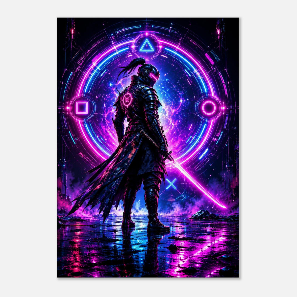 Cyber-Ninja im Neonportal – Gaming-Leinwandbild, Produktansicht 1