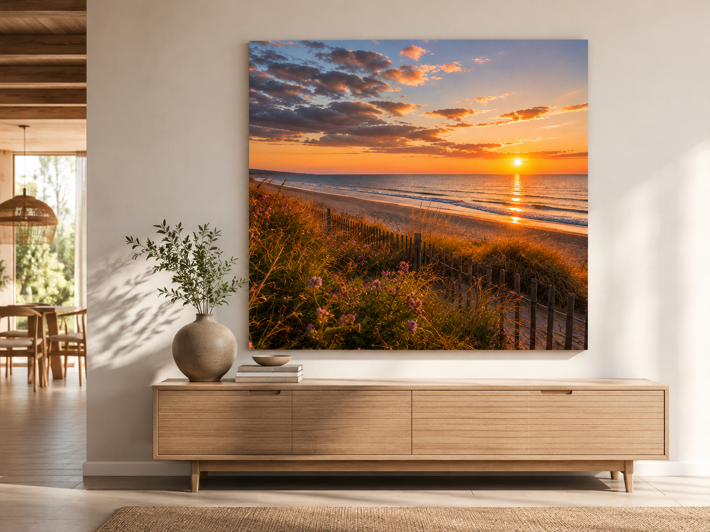 Sonnenuntergang mit Dünenblumen – Wohnraumansicht