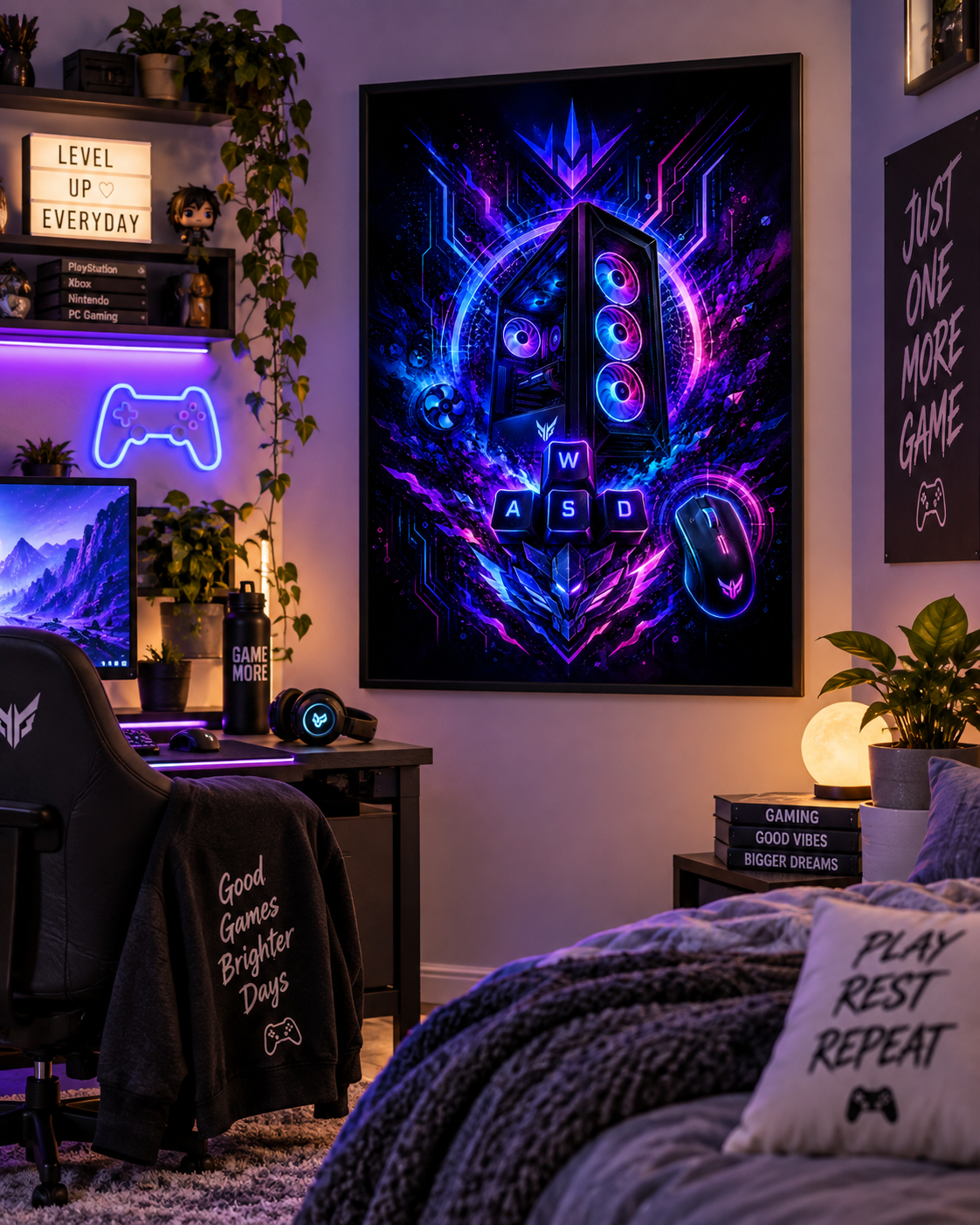 RGB-Gaming-PC mit WASD – Neon-Leinwandbild, Produktansicht 2