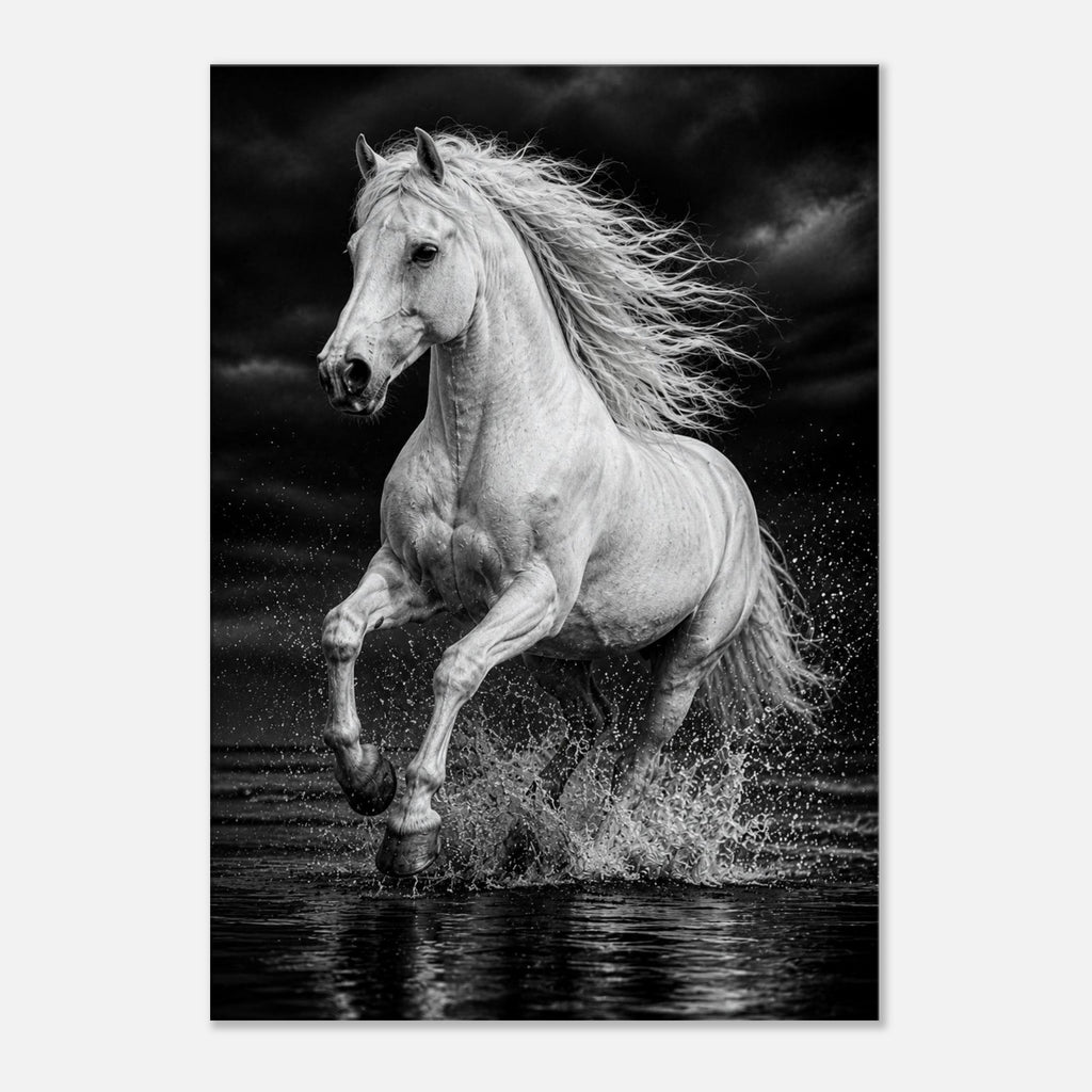 Weißes Pferd im Wasser – Schwarz-Weiß-Leinwandbild, Produktansicht 1