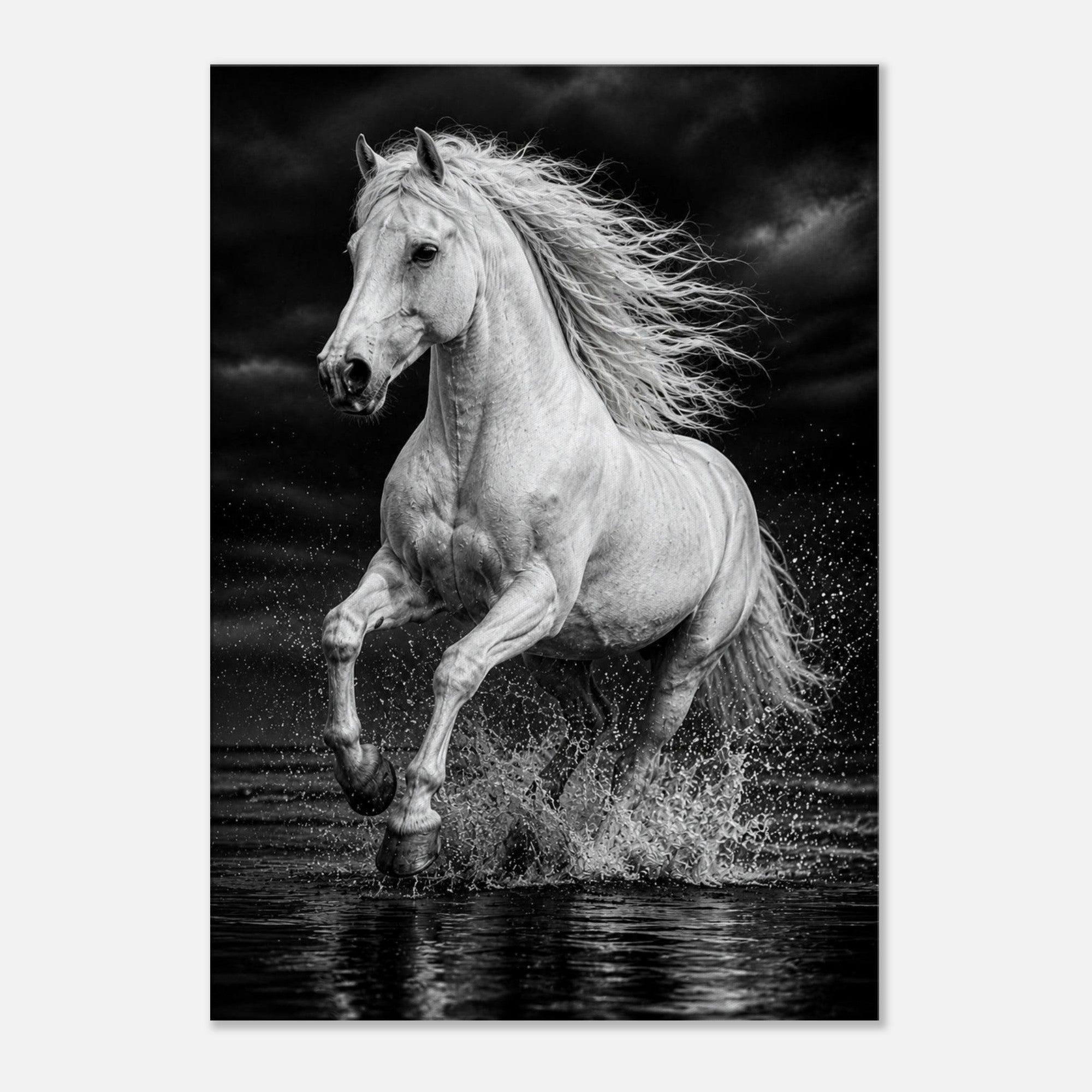 Weißes Pferd im Wasser – Schwarz-Weiß-Leinwandbild, Produktansicht 1