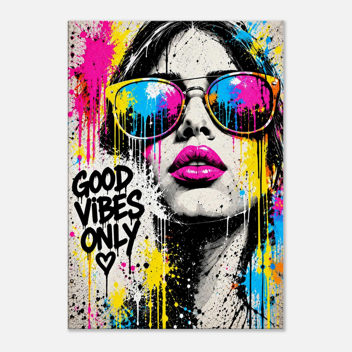 Good Vibes Only Pop-Art Leinwandbild mit Frau und Sonnenbrille