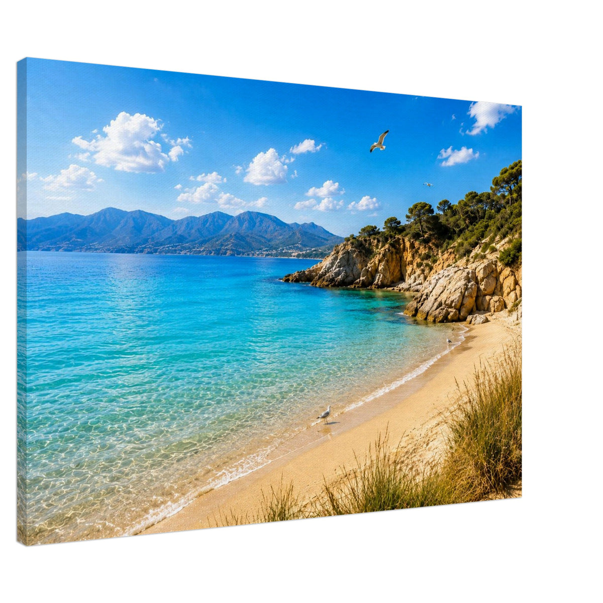 Türkisblaues Meer mit Möwen – Leinwandbild Strandbucht, Produktansicht 3