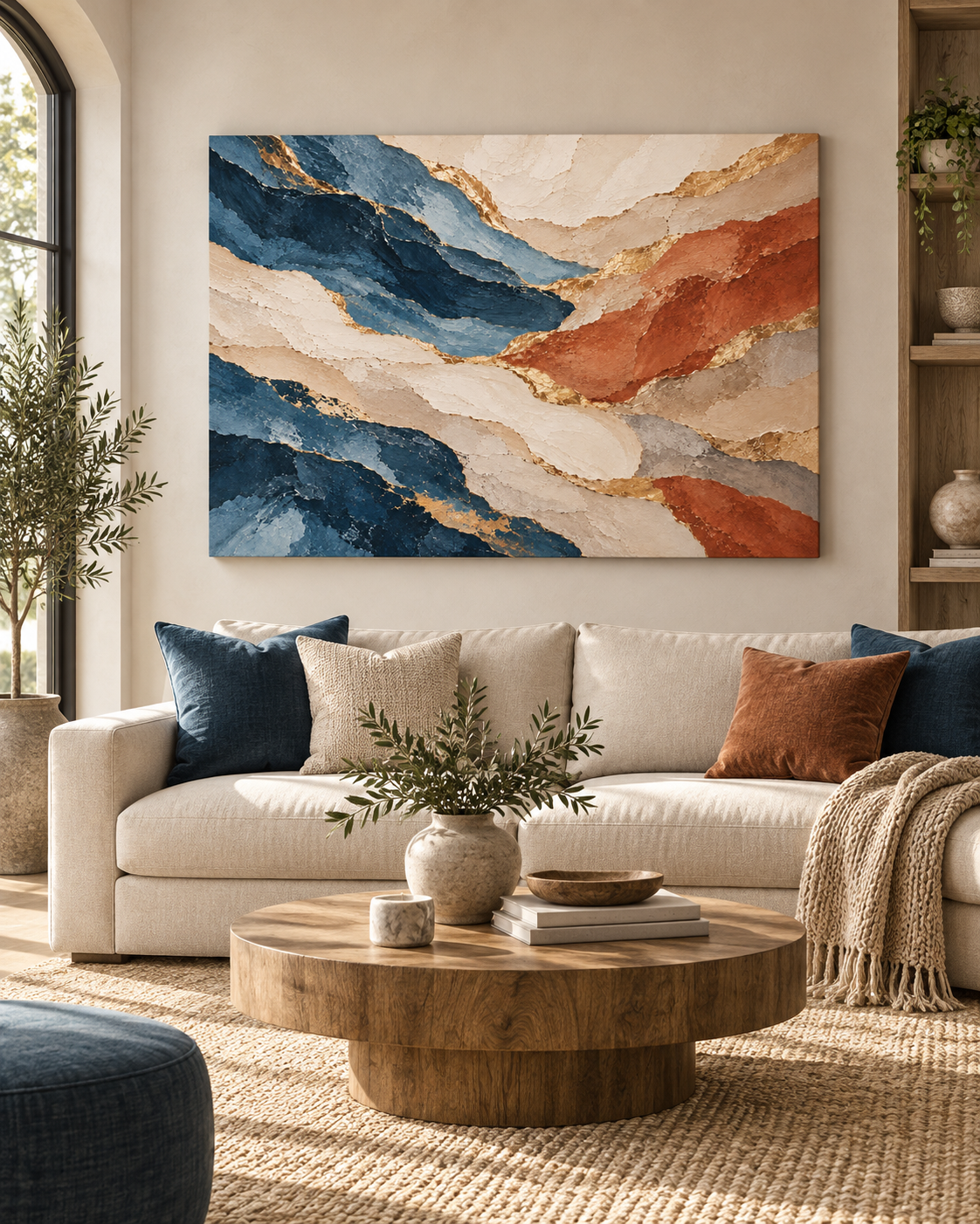 Blue & Terracotta – abstraktes Leinwandbild mit Goldakzenten