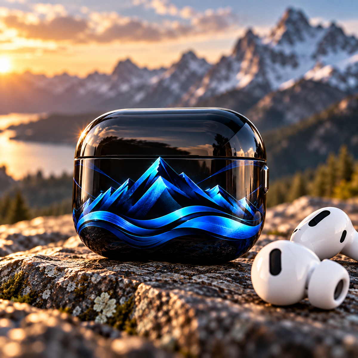 AirPods Outdoor Case Schwarz Blau vor Berglandschaft