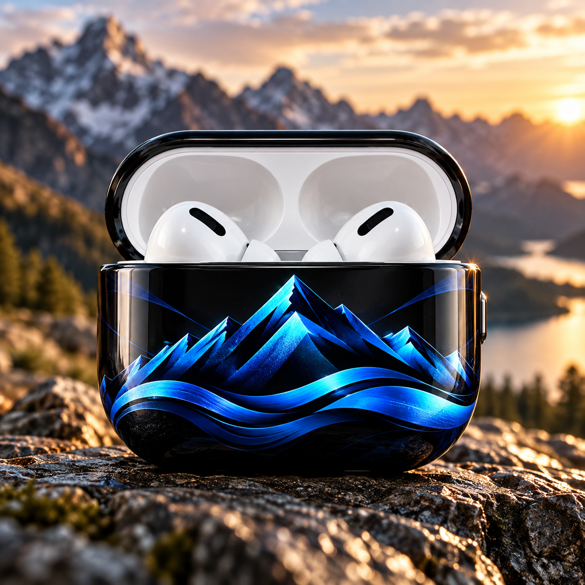 AirPods Hülle Schwarz Blau mit leuchtendem Berg Design