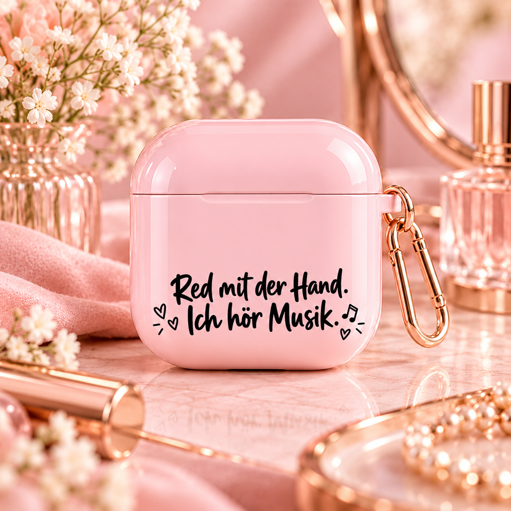 Rosa AirPods Case mit Musik Spruch im Premium Lifestyle Mockup