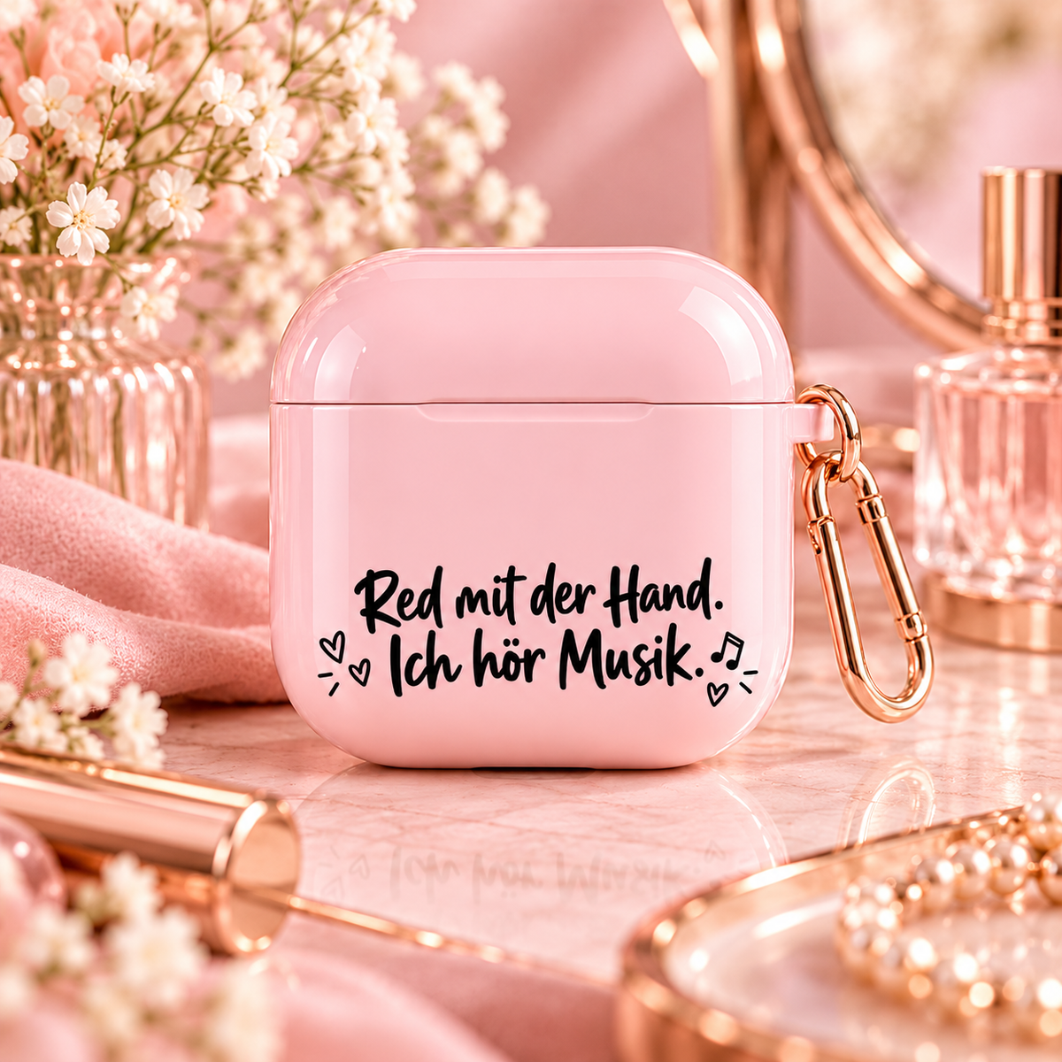 Rosa AirPods Case mit Musik Spruch im Premium Lifestyle Mockup