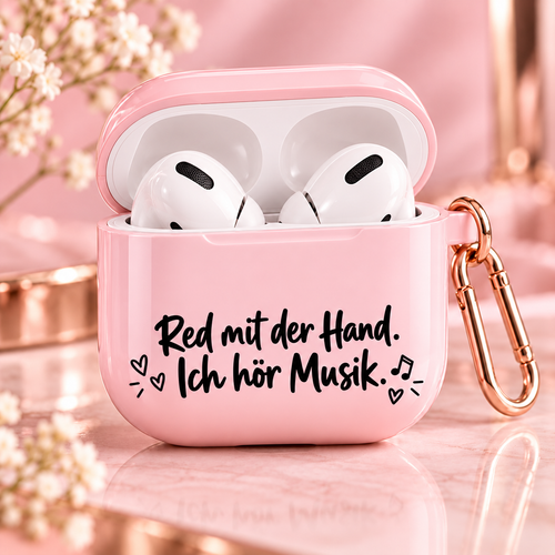 Rosa AirPods Case geöffnet mit zwei Ohrhörern und Musik Spruch