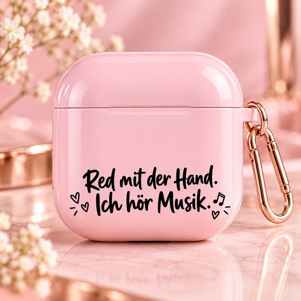 Rosa AirPods Case mit Spruch Red mit der Hand Ich hör Musik Premium Mockup