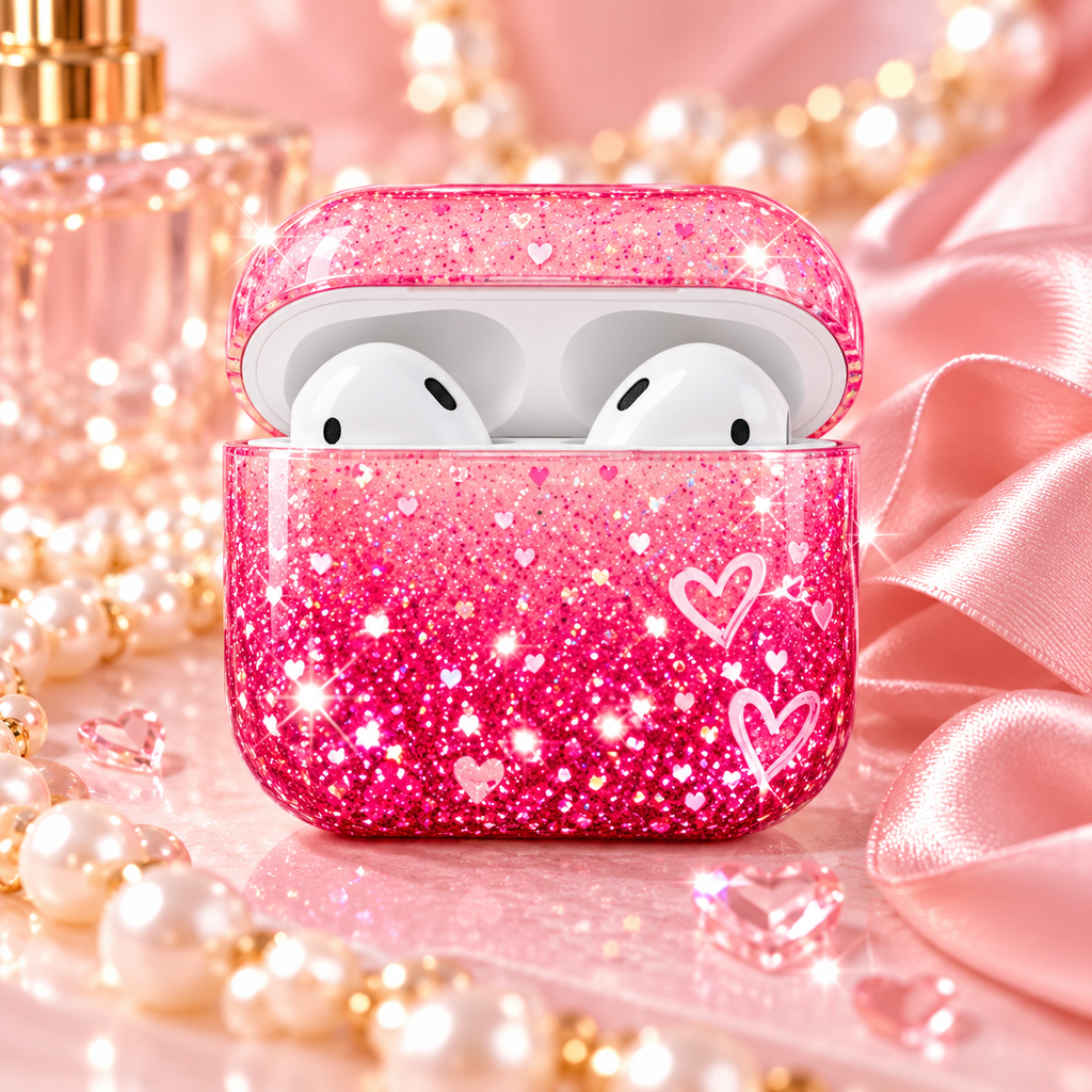 Geöffnete AirPods Hülle Rosa Glitzer mit Herzen