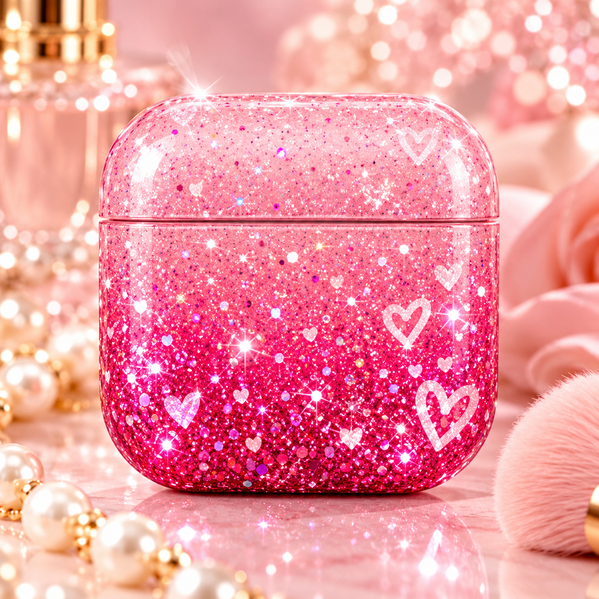 AirPods Hülle Rosa Glitzer mit Herzen im Pink Glitter Design
