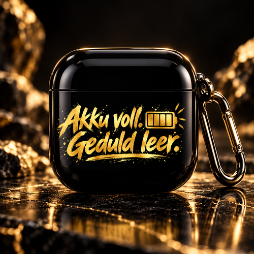 Schwarzes AirPods Case mit goldenem Spruch Akku voll Geduld leer Premium Hauptbild