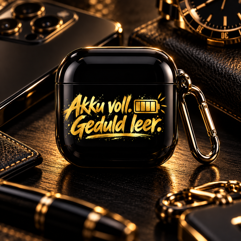 Schwarzes AirPods Case mit goldenem Spruch im Premium Lifestyle Mockup