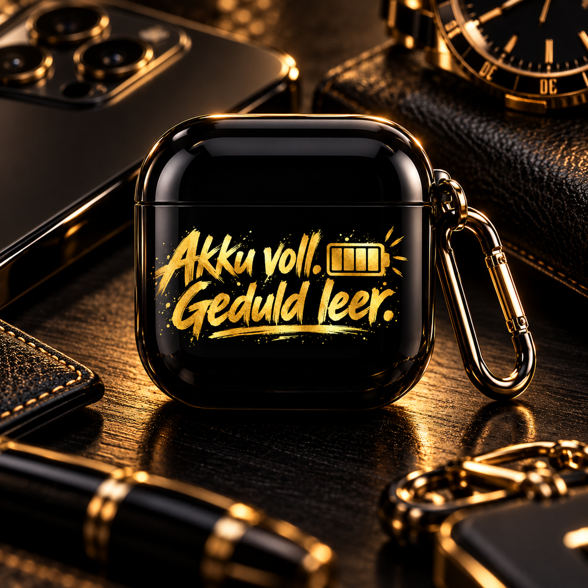 Schwarzes AirPods Case mit goldenem Spruch im Premium Lifestyle Mockup