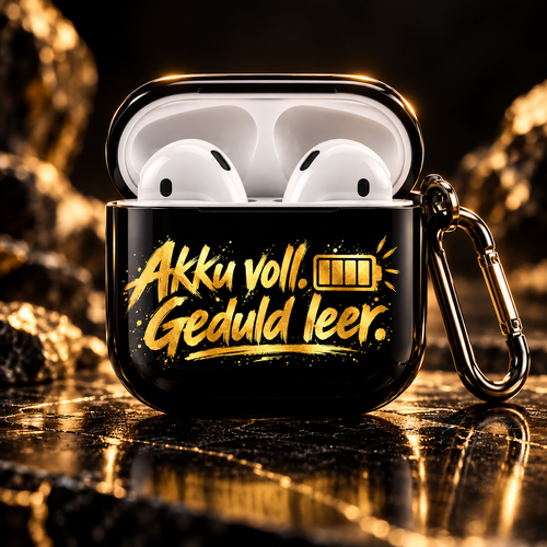 Schwarzes AirPods Case geöffnet mit zwei Ohrhörern und goldenem Akku Design