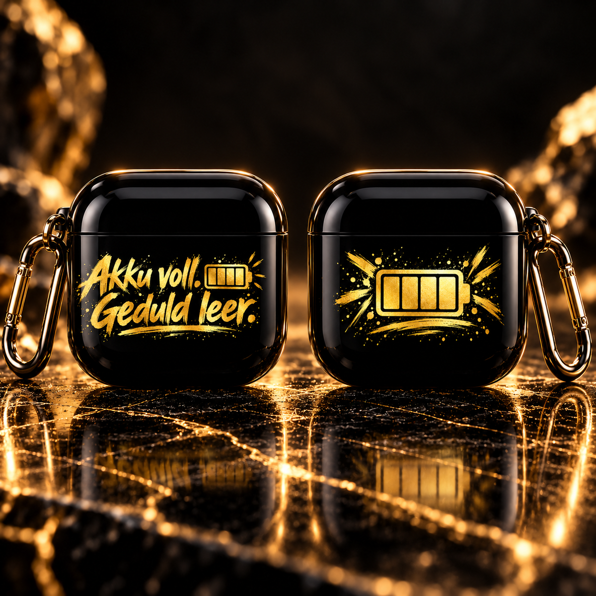 Schwarzes AirPods Case Vorderseite und Rückseite im Schwarz Gold Design