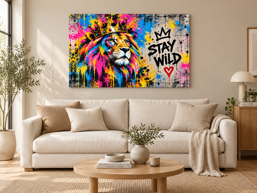 Bunter Löwe Stay Wild Leinwand – Produktansicht 12