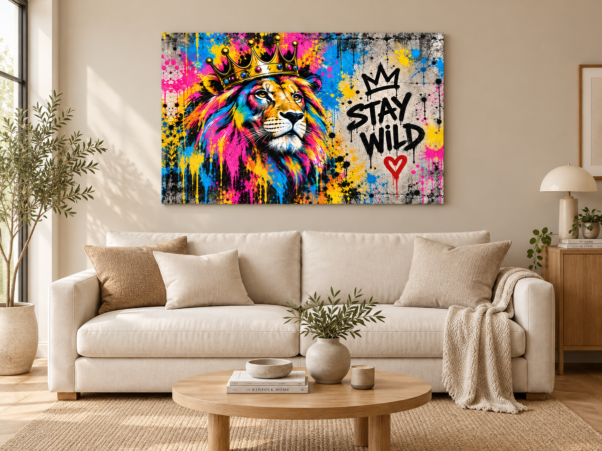 Bunter Löwe Stay Wild Leinwand – Produktansicht 12