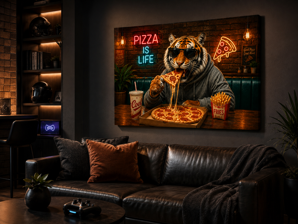 Tiger mit Pizza – humorvolles Leinwandbild, Produktansicht 5
