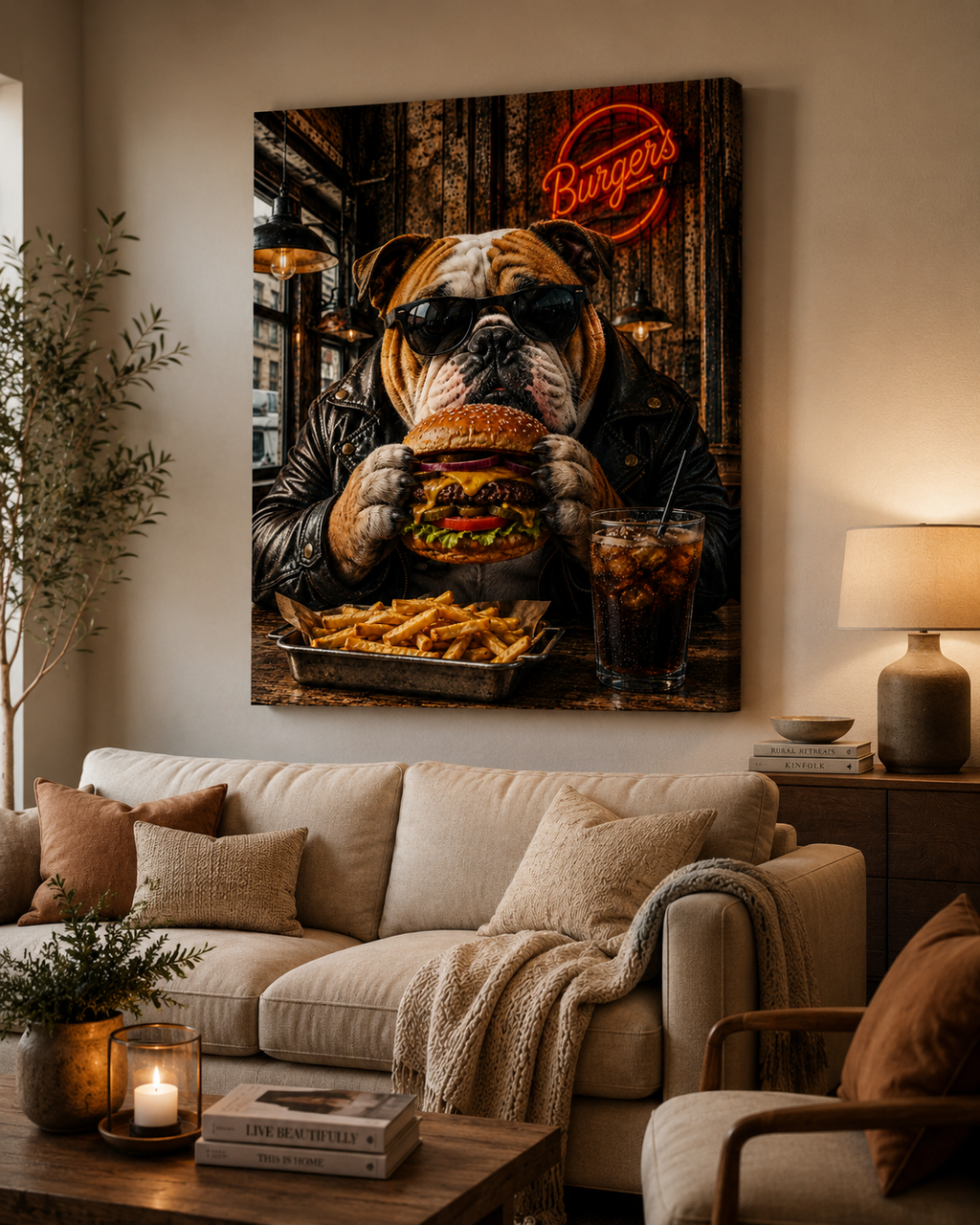 Bulldogge mit Burger und Pommes – humorvolles Leinwandbild, Produktansicht 4