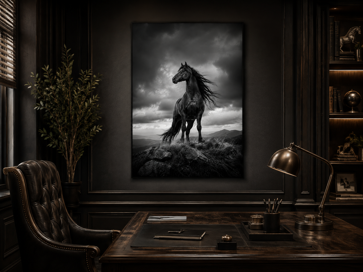 Schwarzes Pferd auf dem Berggipfel – Leinwandbild, Produktansicht 4