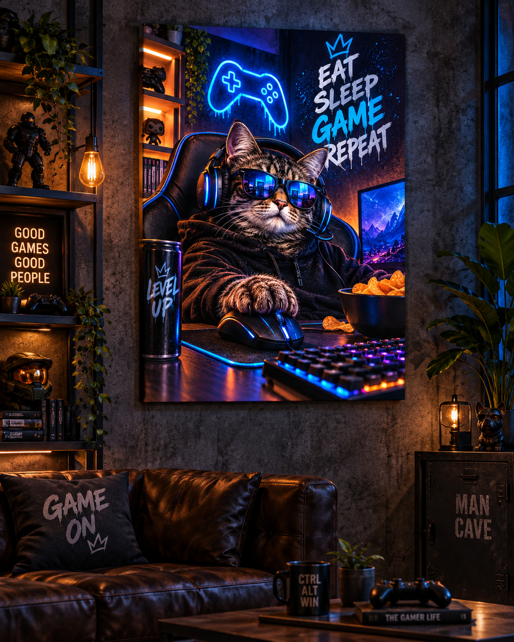 Gamer-Katze mit Headset – Neon-Leinwandbild, Produktansicht 5
