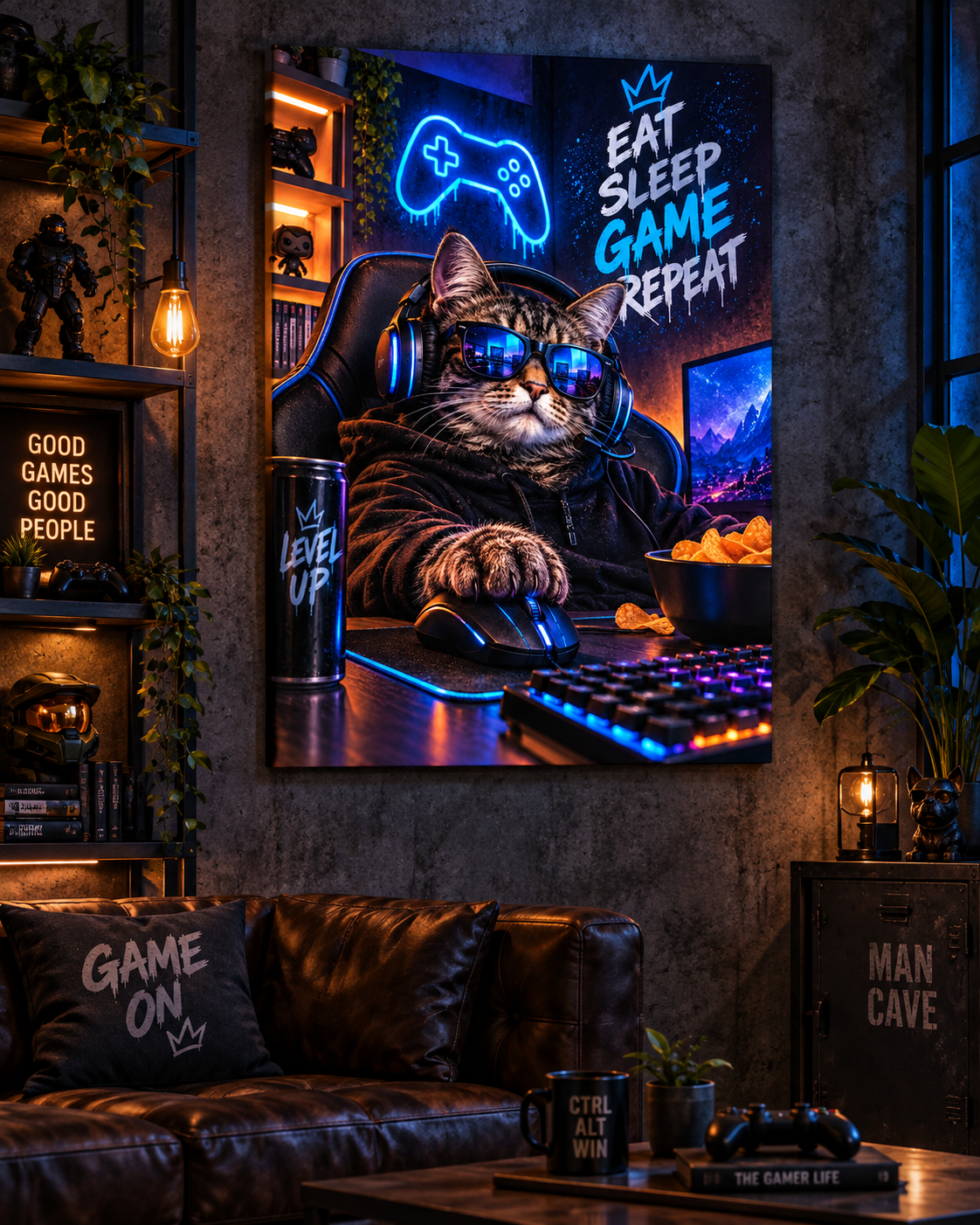 Gamer-Katze mit Headset – Neon-Leinwandbild, Produktansicht 5