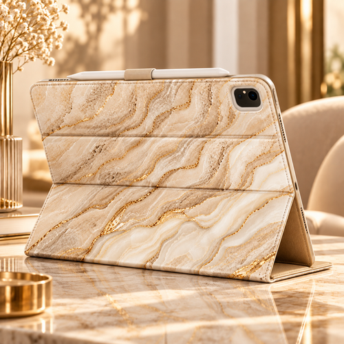 Beige Gold Marble iPad Hülle – Aufsteller Querformat