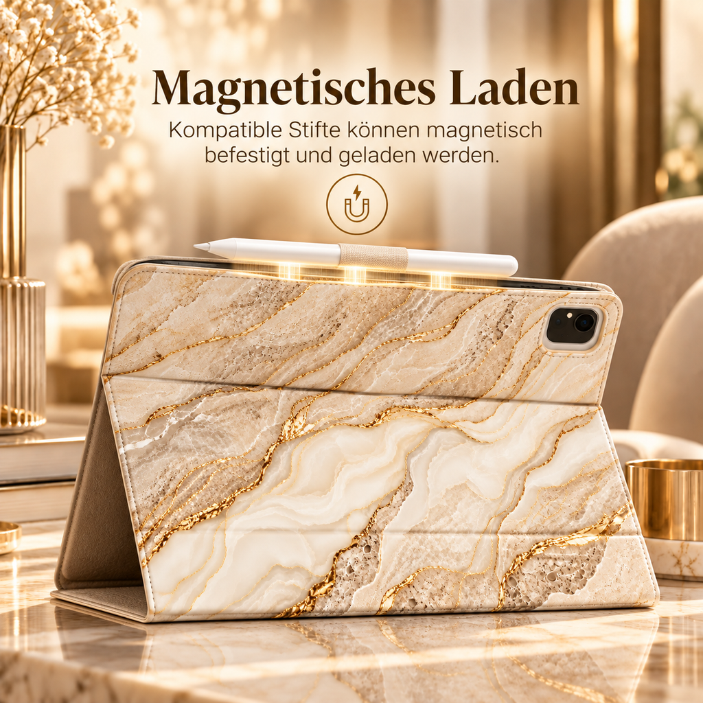 Beige Gold Marble iPad Hülle – magnetisches Laden kompatibler Stifte
