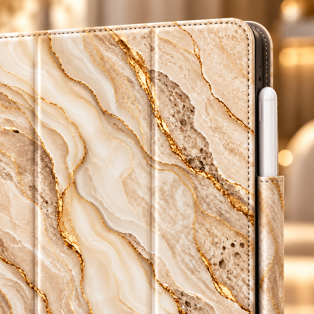 Beige Gold Marble iPad Hülle – Stifthalter Detail