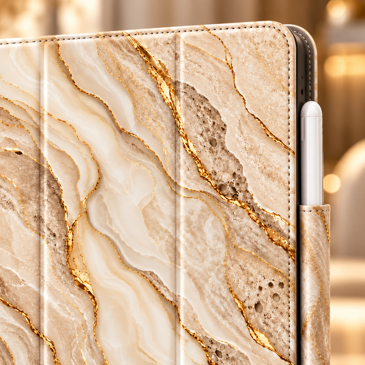 Beige Gold Marble iPad Hülle – Stifthalter Detail