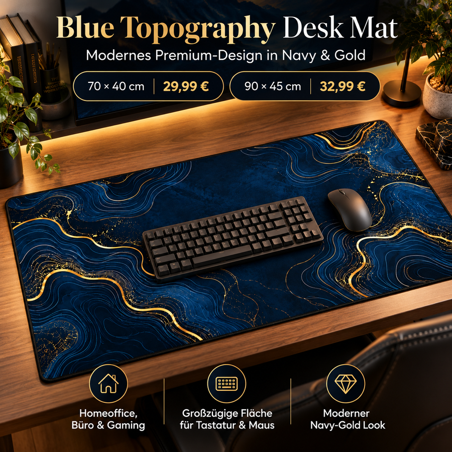 Blue Topography Schreibtischunterlage – Navy & Gold