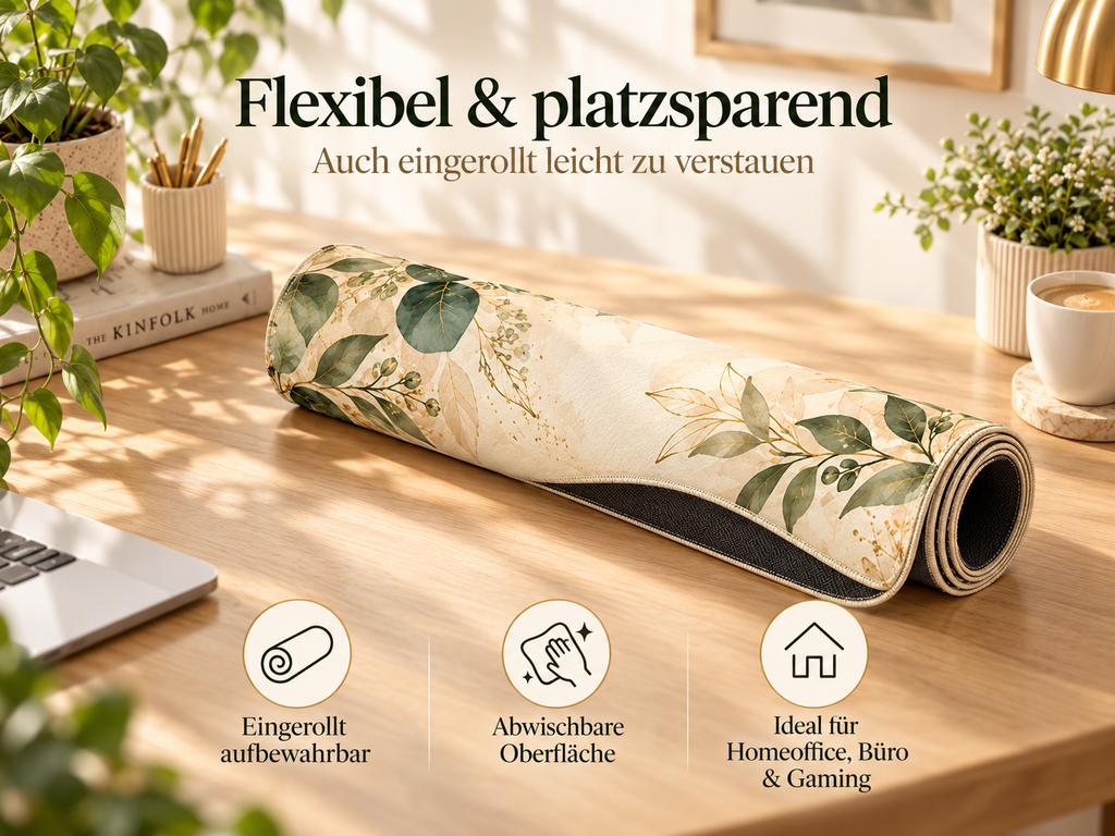 Botanical Green Desk Mat flexibel und eingerollt