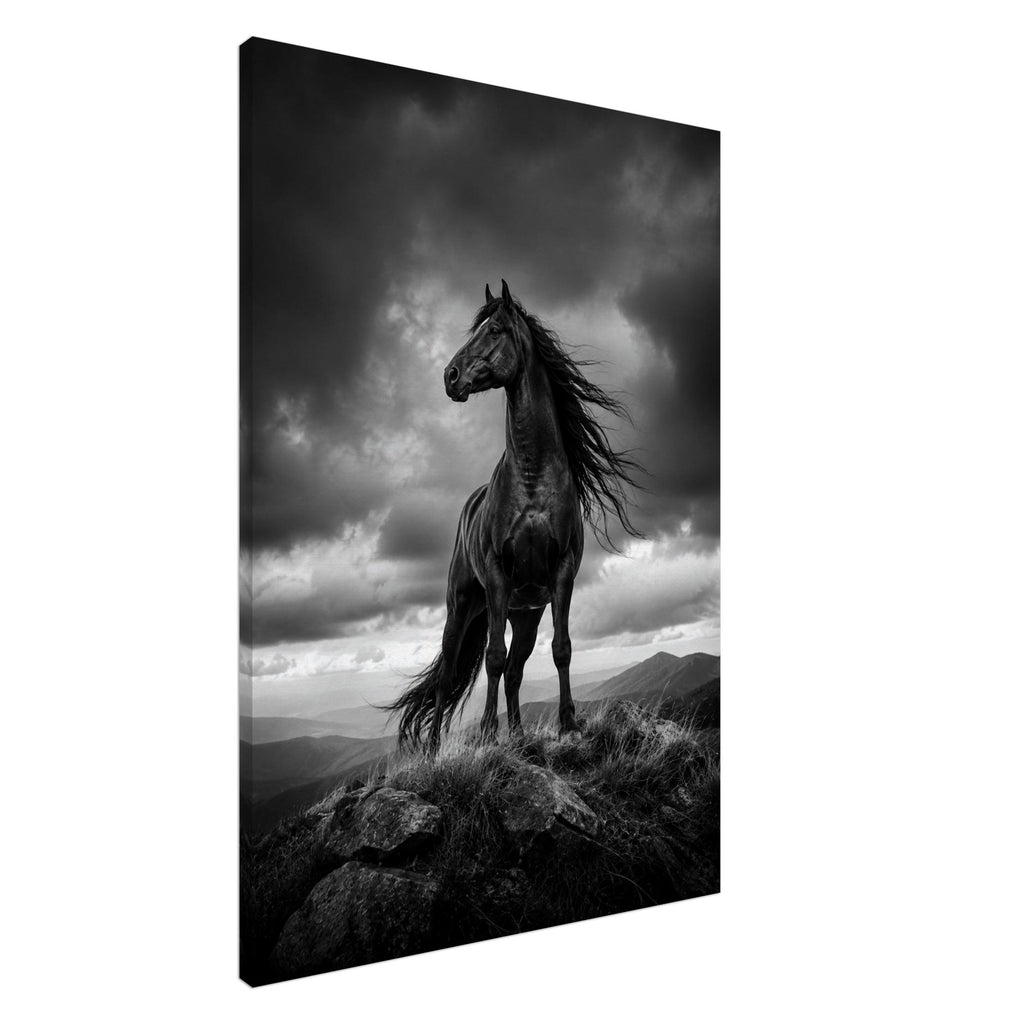 Schwarzes Pferd auf dem Berggipfel – Leinwandbild, Produktansicht 2