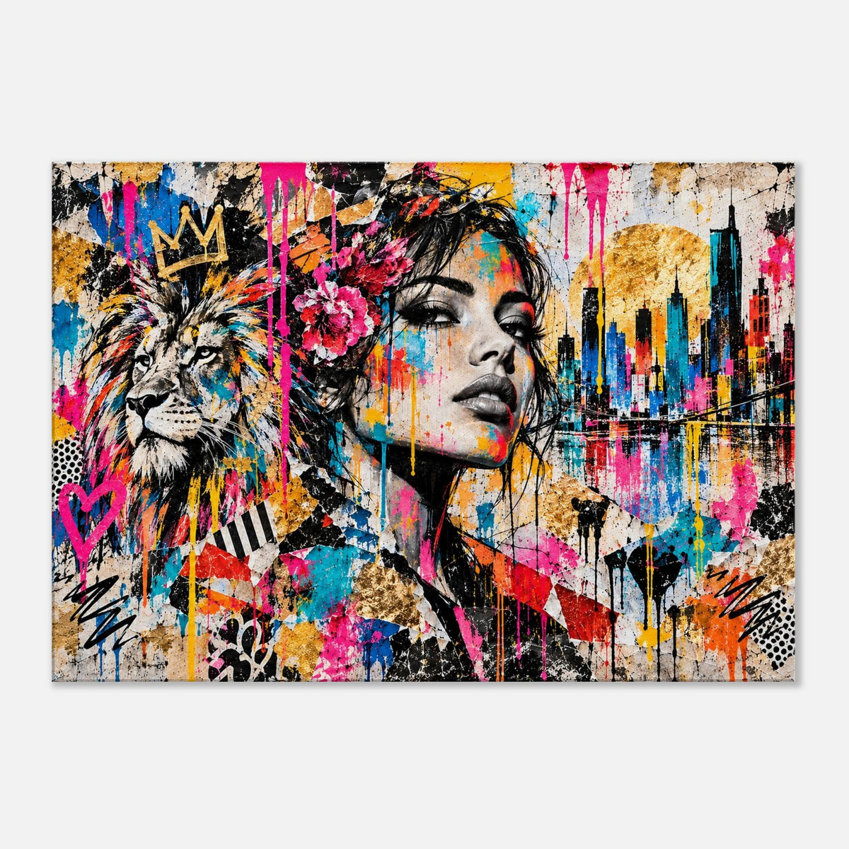 Street-Art Leinwandbild mit Löwe, Frau und Skyline