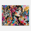 Street-Art Leinwandbild Löwe und Frau mit Skyline – Produktansicht 7