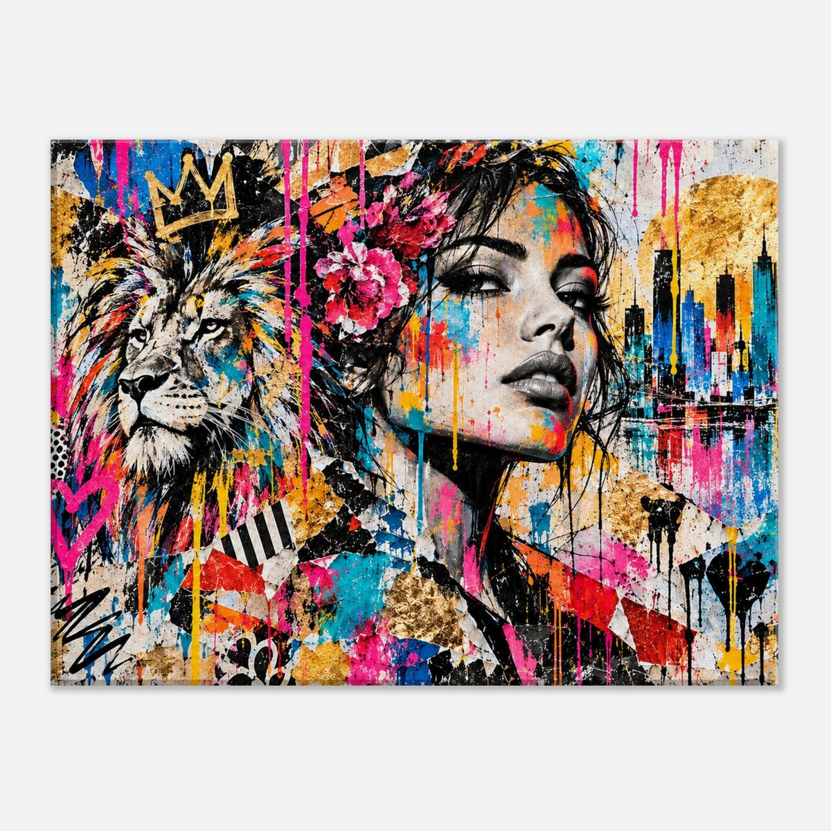 Street-Art Leinwandbild Löwe und Frau mit Skyline – Produktansicht 7