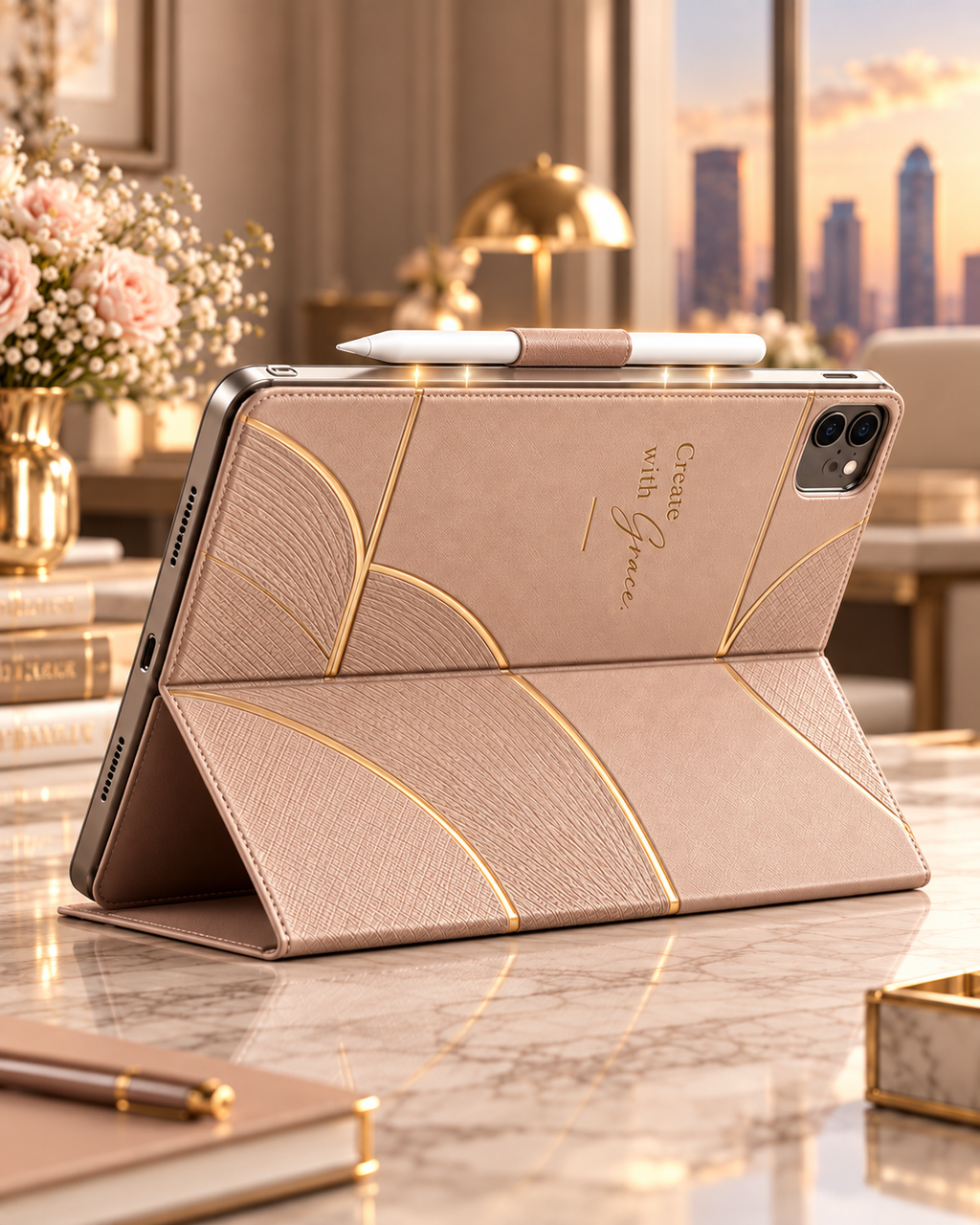 Champagne Muse iPad Hülle – Aufsteller im Querformat mit gedrehtem Schriftzug