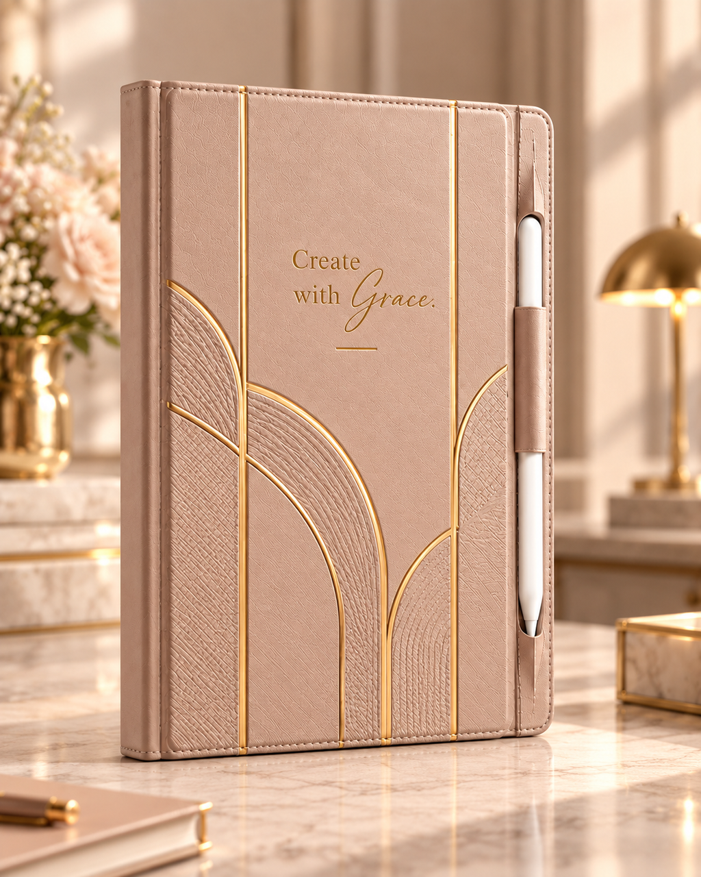 Champagne Muse iPad Hülle – Frontansicht mit Stifthalter
