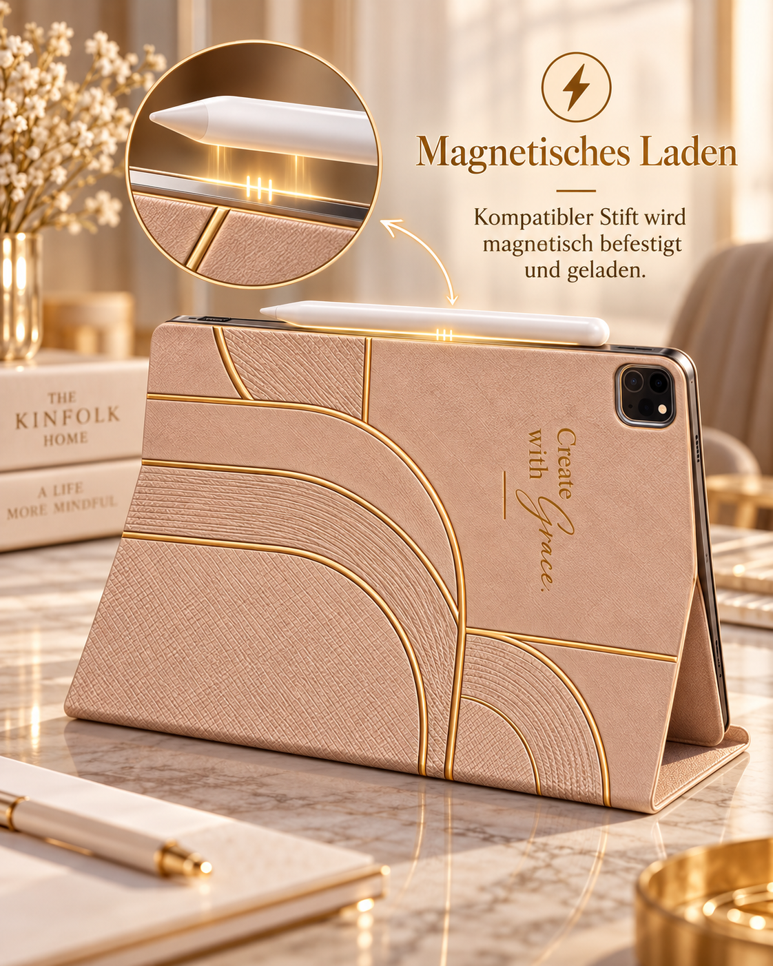 Champagne Muse iPad Hülle – magnetisches Laden kompatibler Stifte