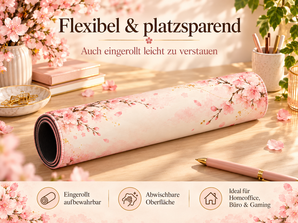 Cherry Blossom Desk Mat flexibel und eingerollt