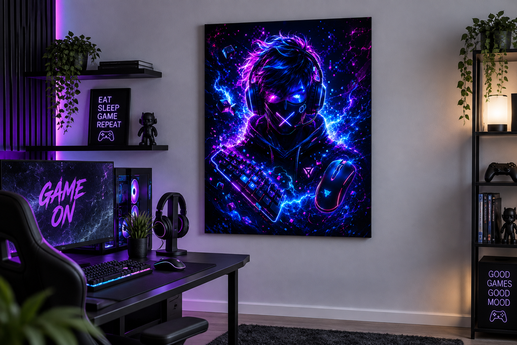 Cyber Gamer mit Headset – Neon-Leinwandbild, Produktansicht 2