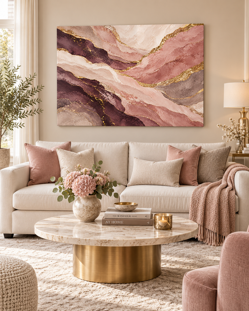 Blush & Gold – abstraktes Leinwandbild in Rosa und Plum
