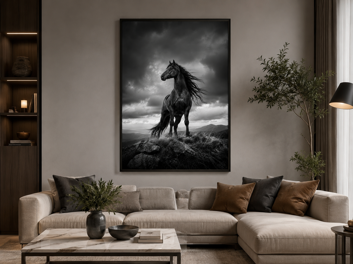Schwarzes Pferd auf dem Berggipfel – Leinwandbild, Produktansicht 3