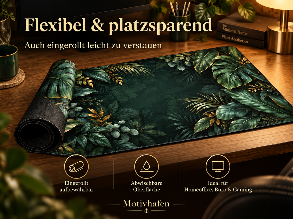 Dark Botanical Desk Mat flexibel und eingerollt