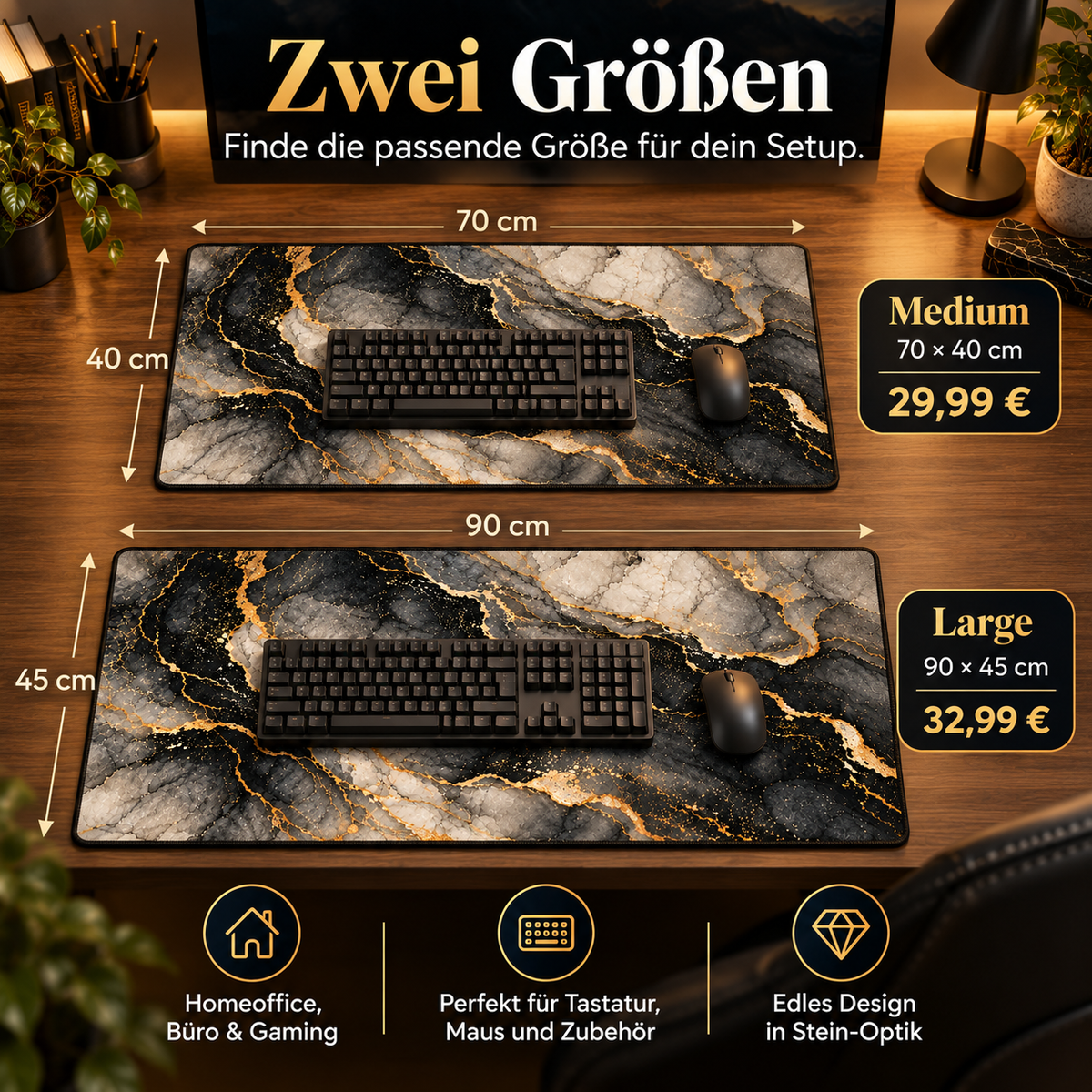 Dark Stone Gold Schreibtischunterlage Größen 70x40 und 90x45