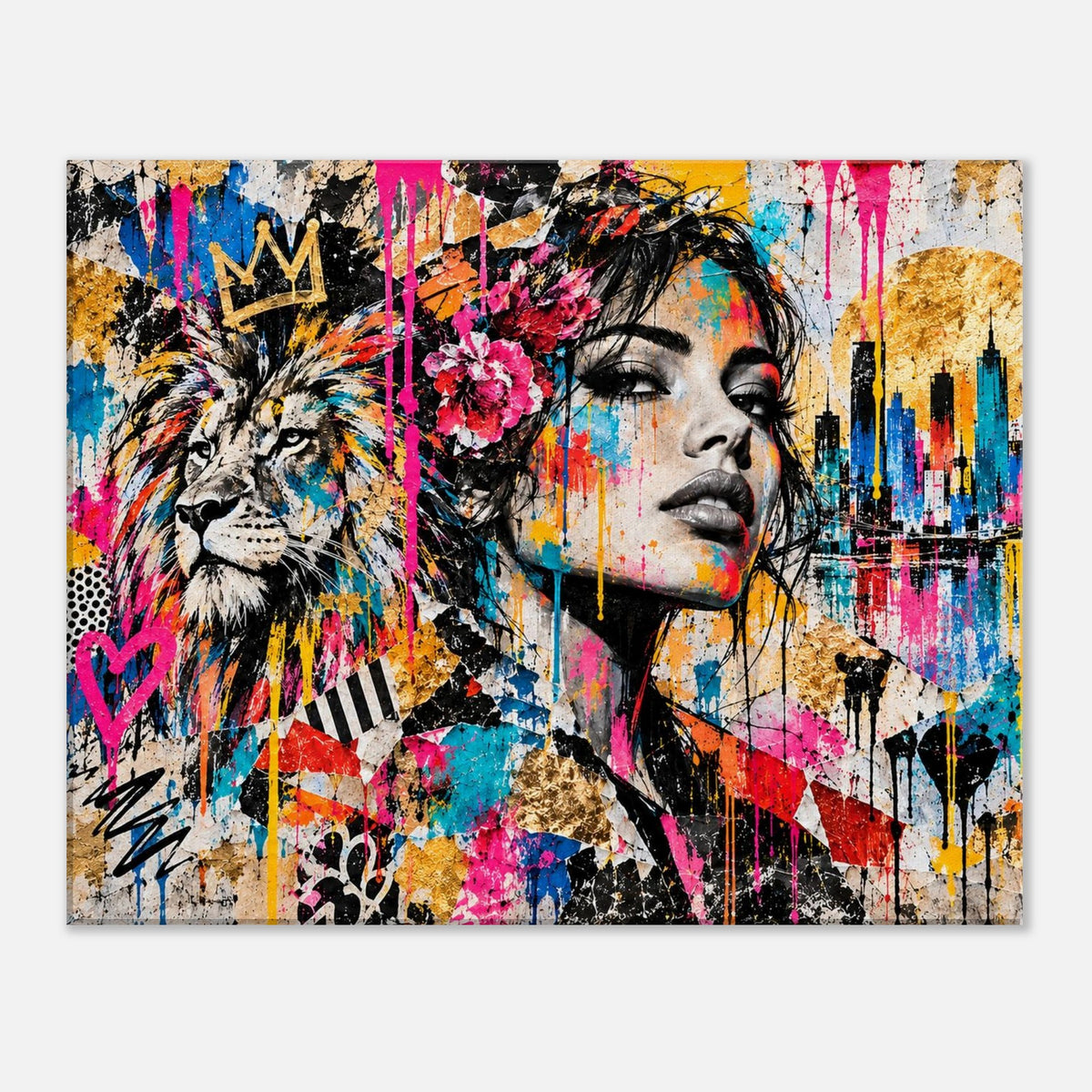 Street-Art Leinwandbild Löwe und Frau mit Skyline – Produktansicht 8