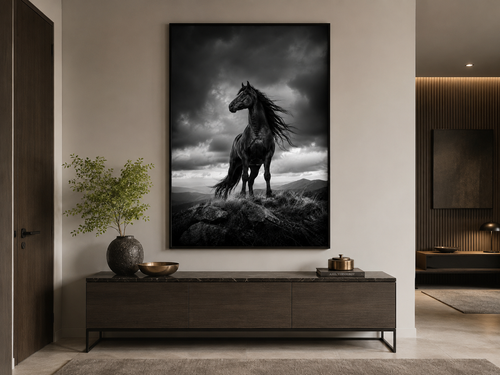 Schwarzes Pferd auf dem Berggipfel – Leinwandbild, Produktansicht 5